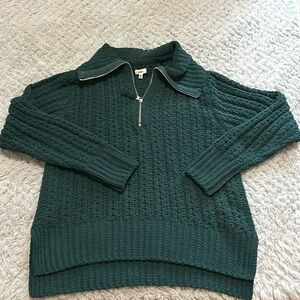 Aerie, hunter Green half zip knitted sweater with funnel neck and gold zippers